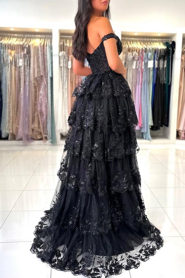 Off The Shoulder Sweetheart Lace A-Line Long Prom Dress with Slit