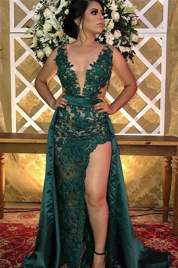Long Mermaid V-neck Straps Appliques Lace Formal Evening Dress with Slit