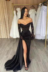 Black Long Sleeves Mermaid Off the shoulder Prom Dress with High Split