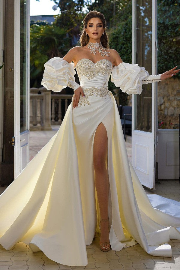 Elegant Long Mermaid Sweetheart Satin Lace Front Slit Wedding Dresses with Sleeves