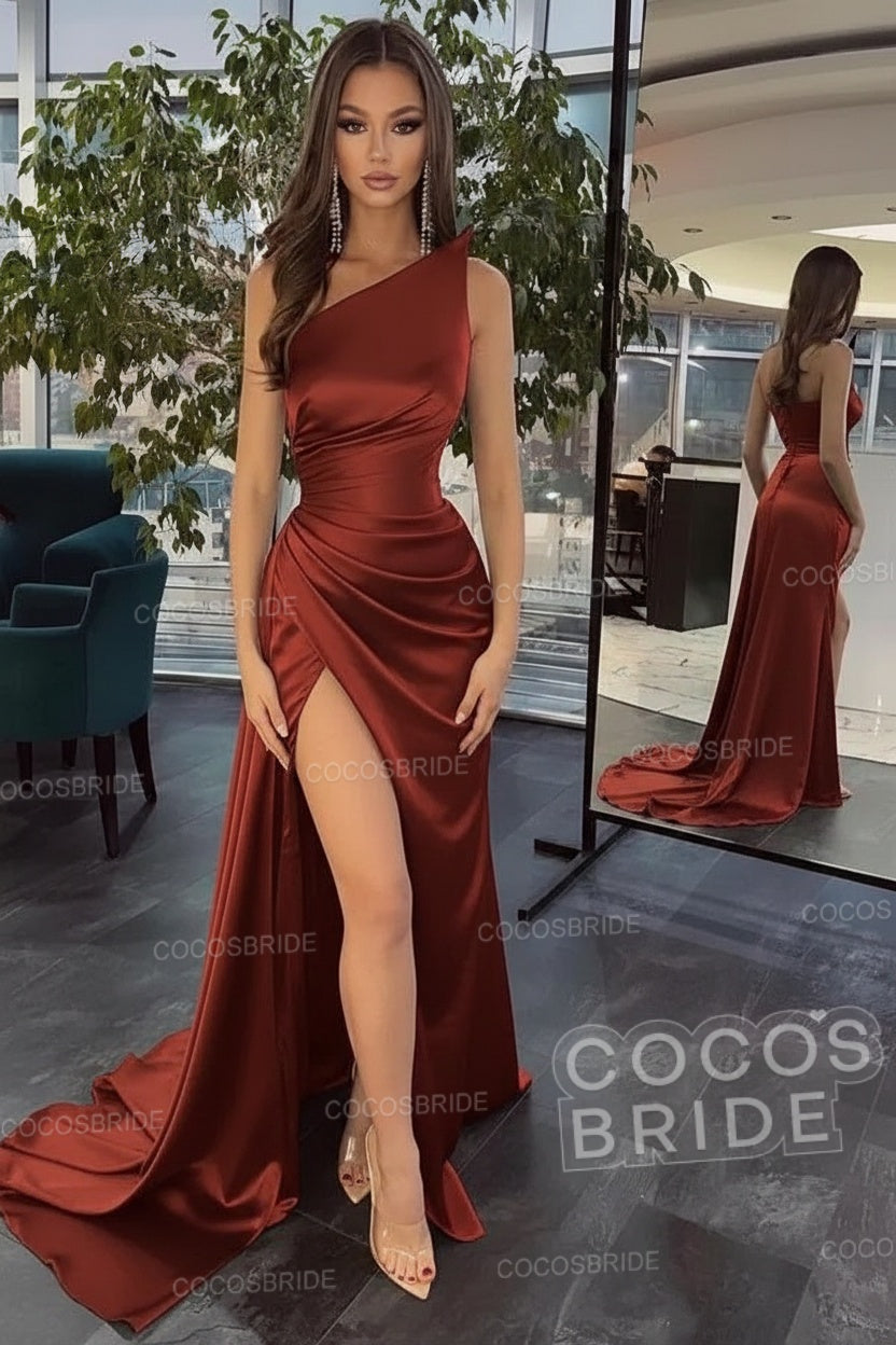 Elegant Black Long Mermaid One Shoulder Satin Prom Dress
