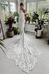 Long Off The Shoulder Chiffon Appliques Lace Mermaid Floor Length Wedding Dress