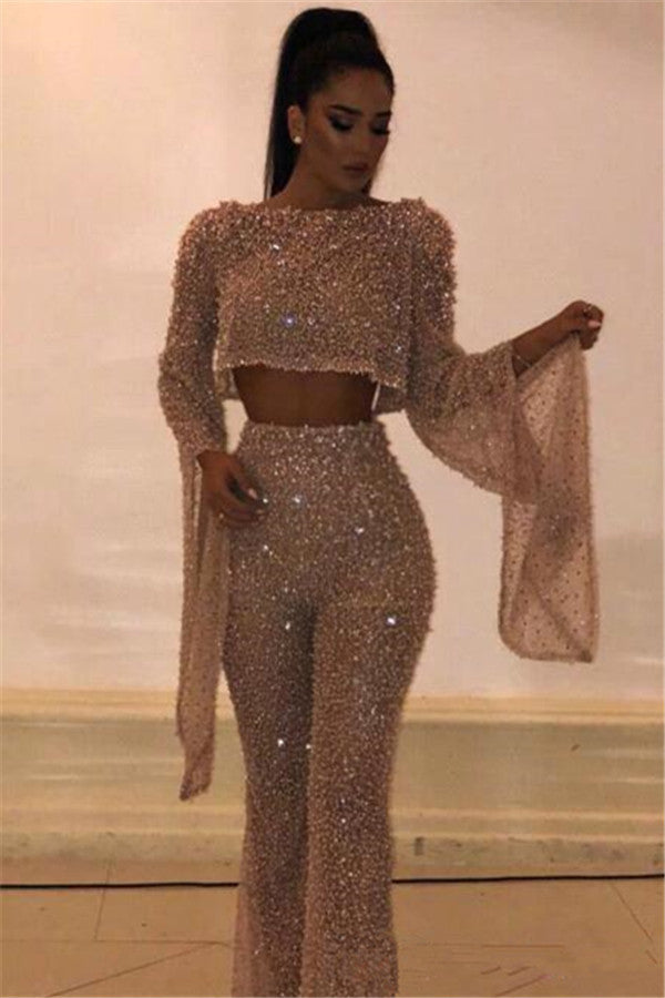 Excellent Sequin Long Sleeves Two Piece Jewel Evening Dress