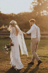 Ivory Boho Long Mermaid Lace Backless Wedding Dress	 with Batwing Sleeve