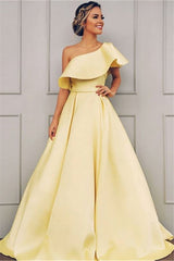 Long A-line One Shoulder Satin Floor Length Sleeveless Prom Dress
