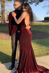 Elegant Long Velvet Spaghetti Straps Split Front Mermaid Prom Dress