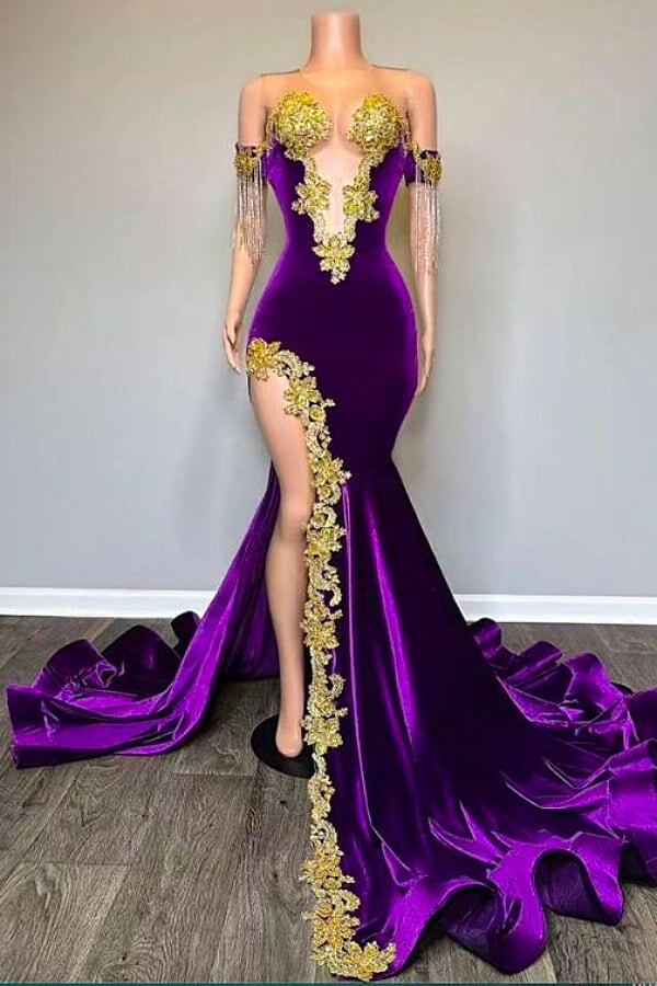Long Velvet Mermaid Gold Appliques Prom Dresses with High Split