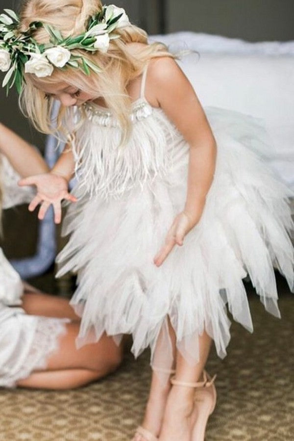 Cute A-line Tea Length Spaghetti Straps Feather Flower Girl Dresses