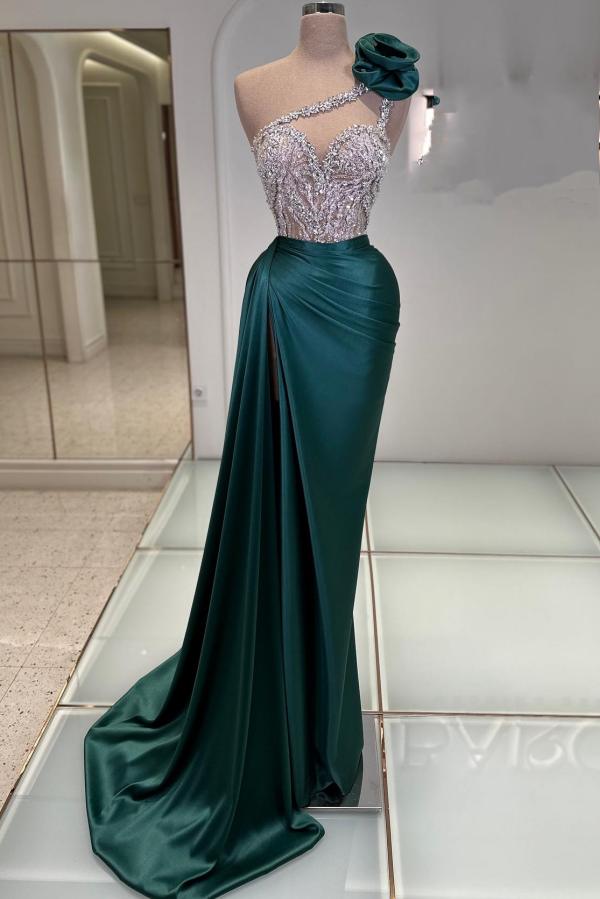 Long Mermaid One Shoulder Satin Beades Prom Dresses with Slit