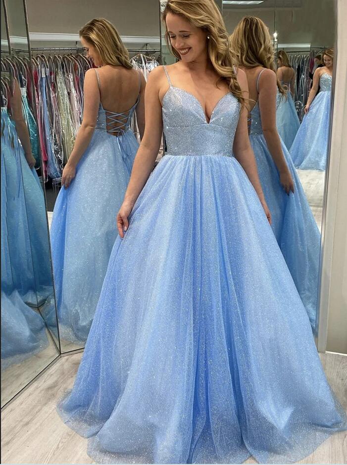 A-line V-neck Spaghetti Straps Backless Floor Length Long Prom Dress