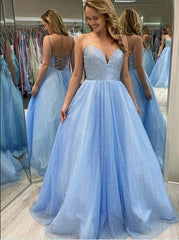 A-line V-neck Spaghetti Straps Backless Floor Length Long Prom Dress