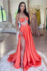 Long Mermaid Sweetheart Satin Beaded Prom Dress with Split Front