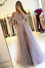 Chic Long Sleeve Lace A-Line Tulle Floor Length Prom Dress With Side Slit