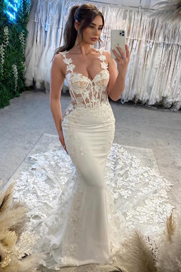 Plus Size Spaghetti Straps Open Back Mermaid Sweetheart Long Lace Wedding Dress