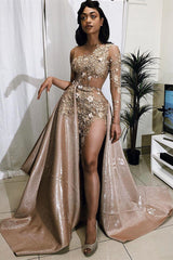 Sexy Long Mermaid One Shoulder Lace Appliqued Prom Dresses