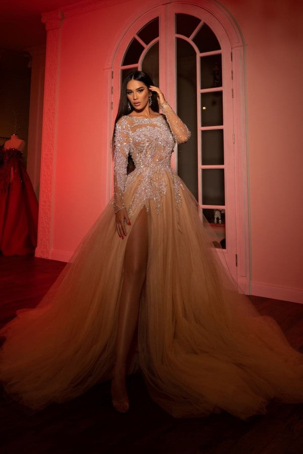 Princess Long Sleeves Tulle Open Back Prom Dress with Slit