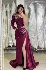 Long Mermaid One Shoulder Side Slit Formal Evening Dress with Sleeves