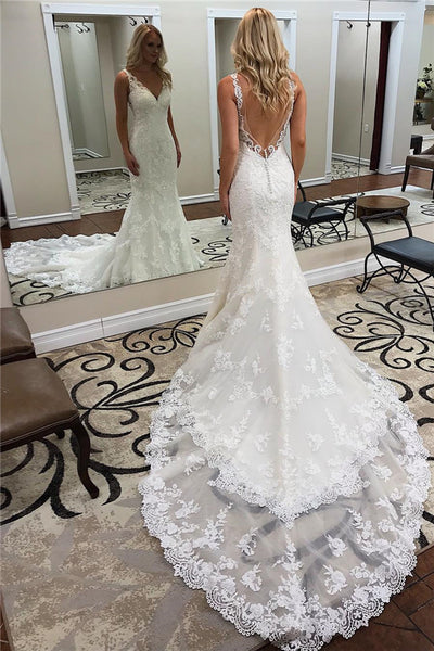 Long Straps V Neck Backless Applique Lace Mermaid Wedding Dresses