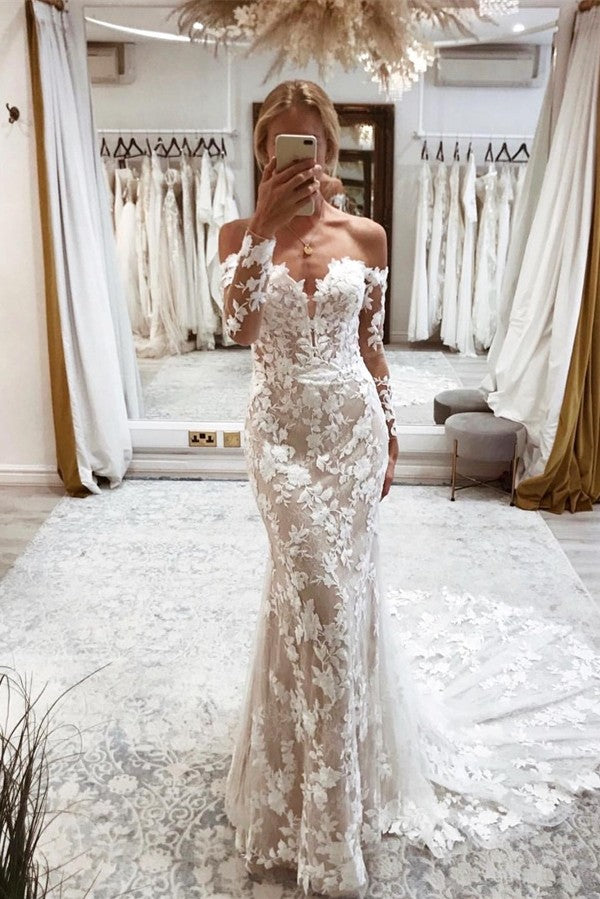 Mermaid Long Sleeves Garden Lace Wedding Dress with Appliques
