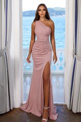 Long Mermaid One Shoulder Satin Formal Prom Dress with Slit