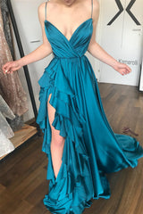 Long A-line Spaghetti Straps V-Neck Tiered Satin Prom Dress with Slit
