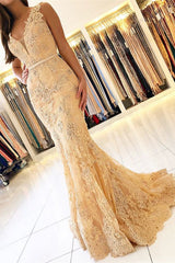 Elegant Long V-neck Wide Straps Appliques Lace Floor Length Mermaid Prom Dress With Sash