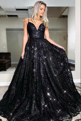 Black Long A-line Spaghetti Straps Open Back Glitter Prom Dress