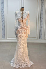 V-Neck Long Sleeve Mermaid Lace White Wedding Dress