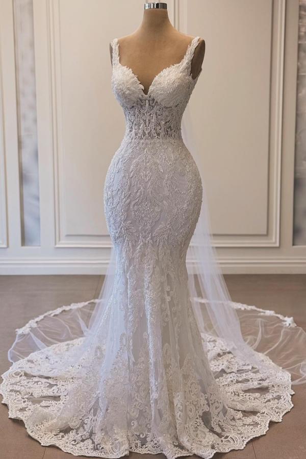 Spaghetti Straps Sweetheart Mermaid Lace Long White Wedding Dress