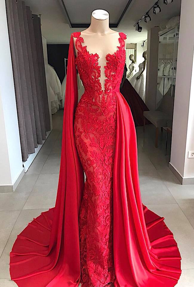 Long Bateau Lace Floor Length Mermaid Prom Dress With Side Train
