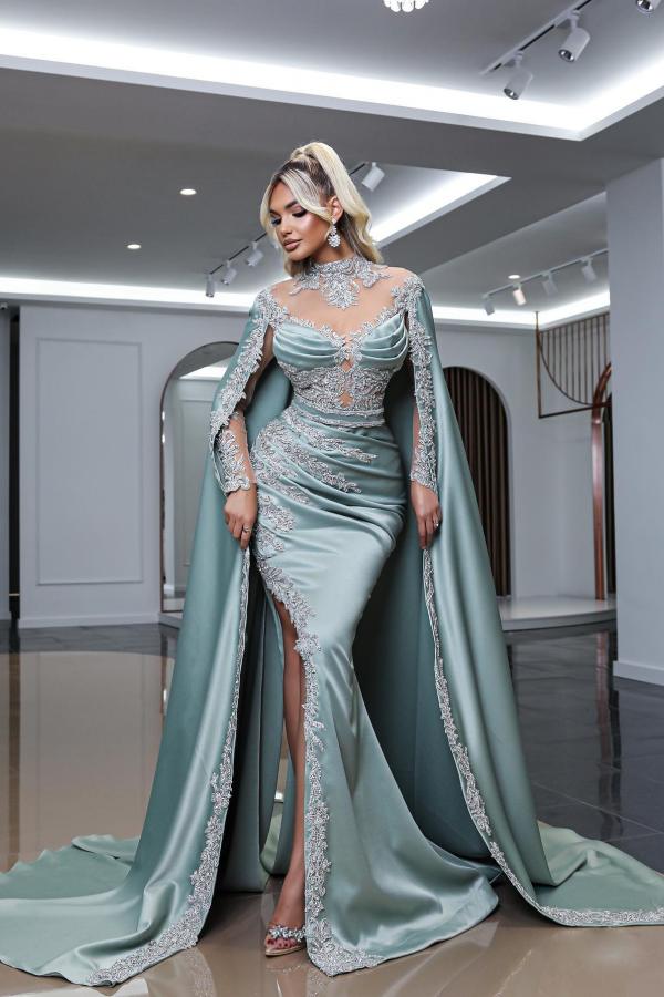 Long Sleeve High Neck Split Side Mermaid Appliques Satin Prom Dress with Cape