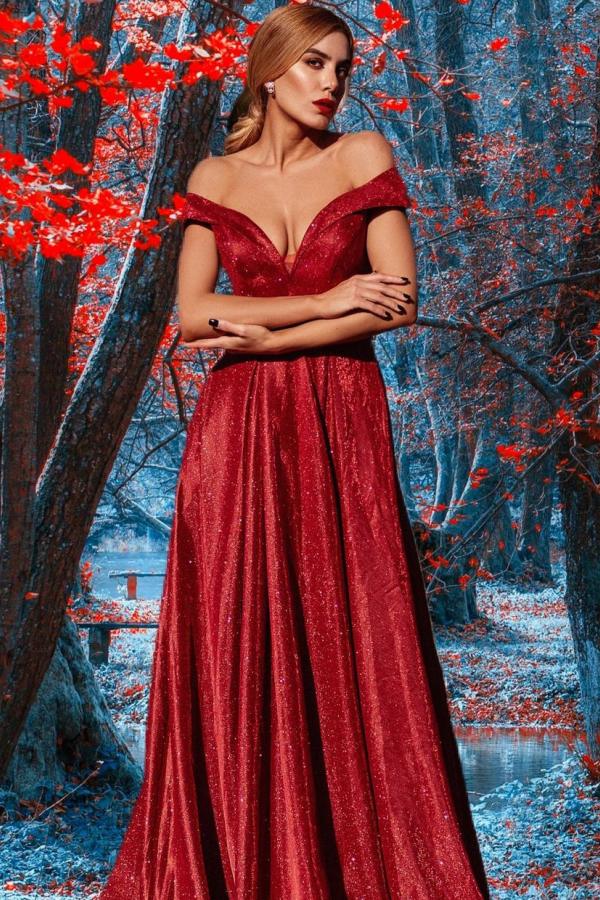 Long Glitter A-line Off the Shoulder Sequins Prom Dress