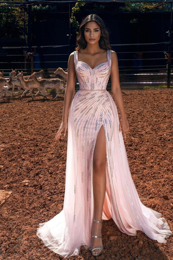Long Sweetheart Spaghetti Straps Tulle Beads Mermaid Prom Dress with Slit