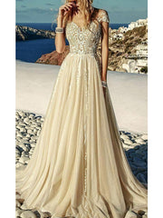 Long A-Line Sweetheart Neckline Chiffon Lace Wedding Dresses	 with Short Sleeve