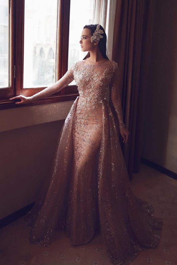 Long Sleeve Scoop Neck Mermaid Tulle Appliques Lace Formal Dress with Detachable Train