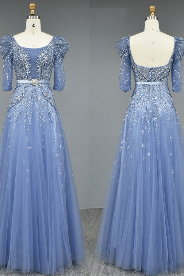 Beautiful Long A-line Tulle Glitter Formal Evening Gowns with Sleeves
