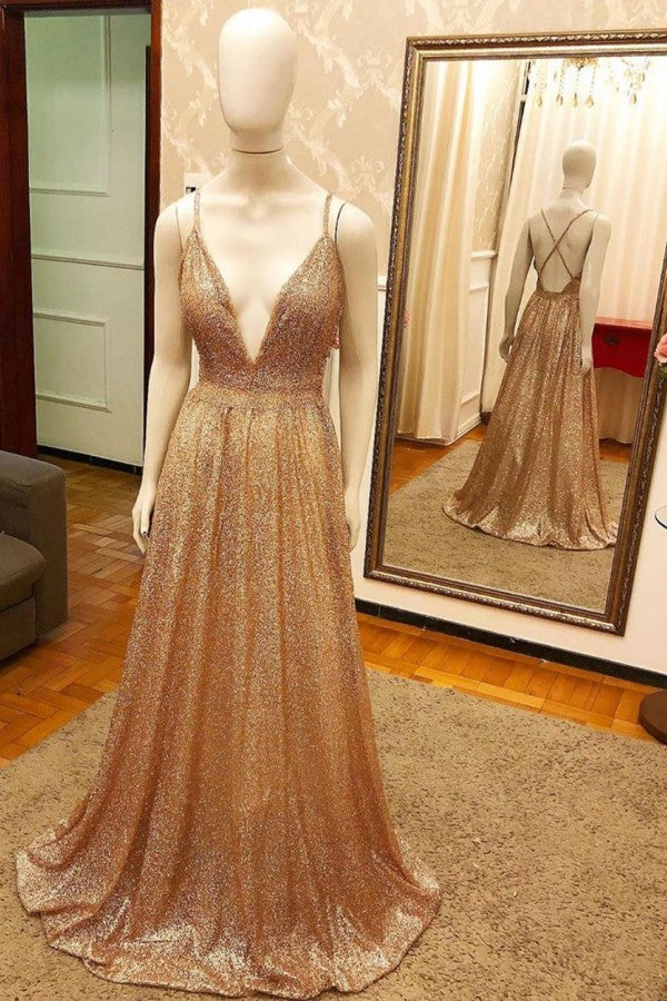 Long V-neck Sequined A-line Open Back Sleeveless Prom Dress