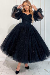 Sequin Off The Shoulder Long Sleeve A Line Tulle Party Dress