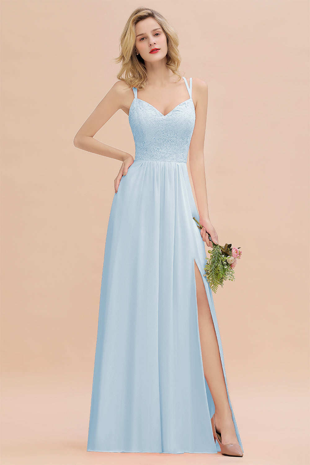 Beautiful A-Line Chiffon Spaghetti Straps Sweetheart Floor Length Split Bridesmaid Dress