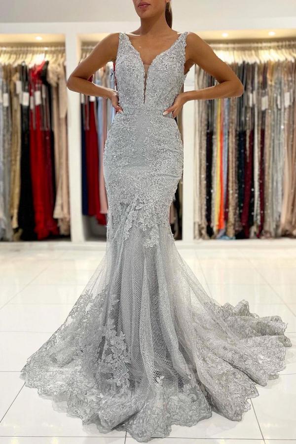 Long Mermaid V-neck Tulle Ruffles Lace Open Back Prom Dress