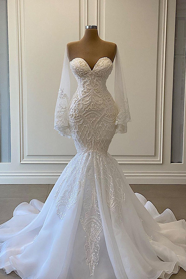 Long Mermaid Sweetheart Strapless Beadings Lace Wedding Dress with Sleeves