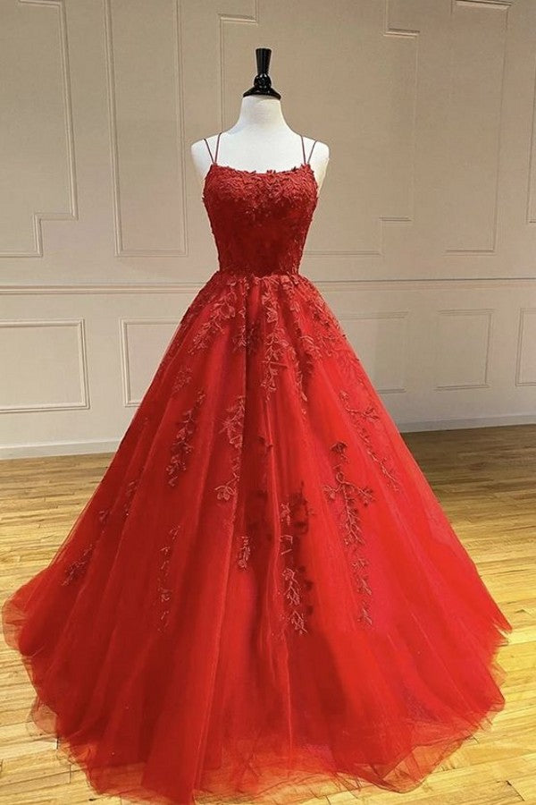 Long A-line Tulle Lace Backless Prom Dress