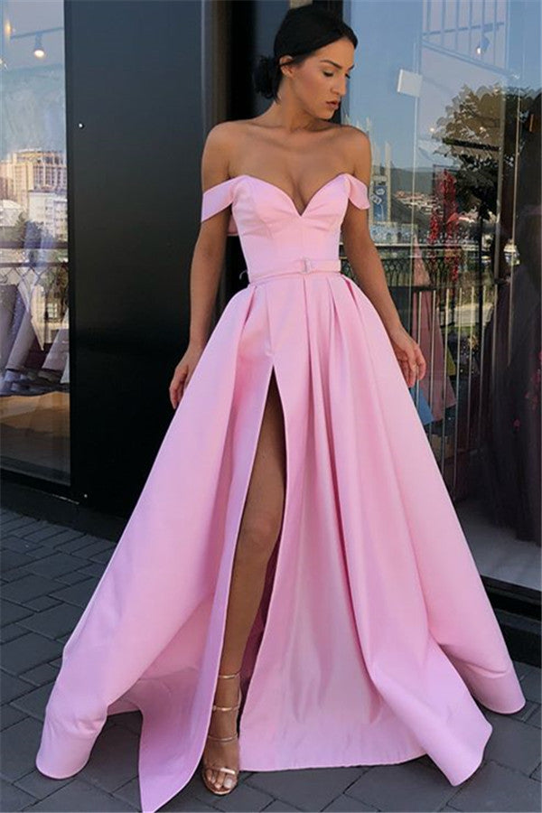 Long A-line Sweetheart Off the Shoulder Floor Length Prom Dress With Side Slit