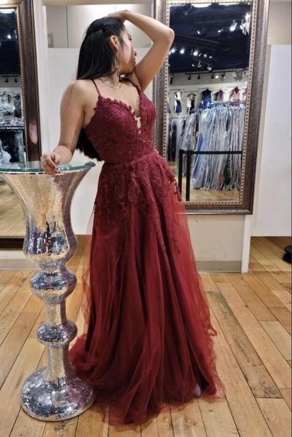 Long A-line V-neck Tulle Backless Prom Dress with Appliques Lace