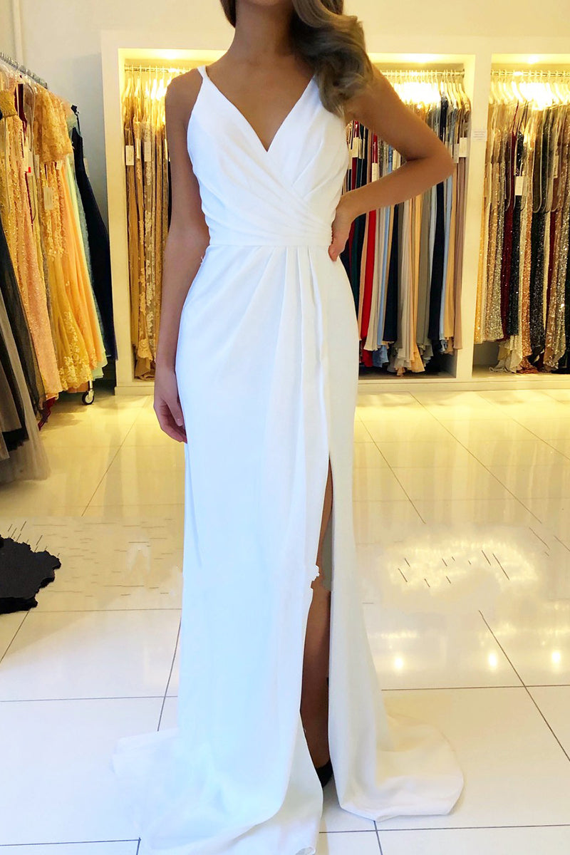 Elegant Long V-neck Backless Ruffles Mermaid Prom Dress With Side Slit