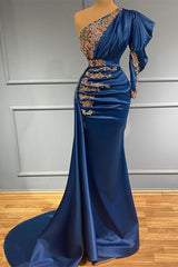 Long Mermaid One Shoulder Satin Appliques Formal Dress with Sleeves