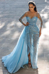 Long Mermaid Sweetheart Sparkle Front Slit Prom Dress with Sleeves