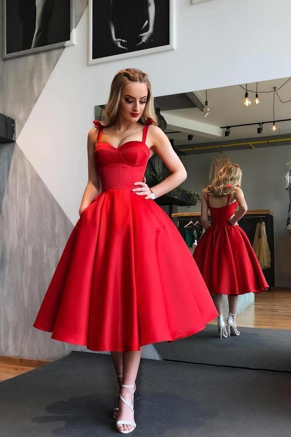 Elegant Red Short A-line Sweetheart Satin Party Dress with Pockets