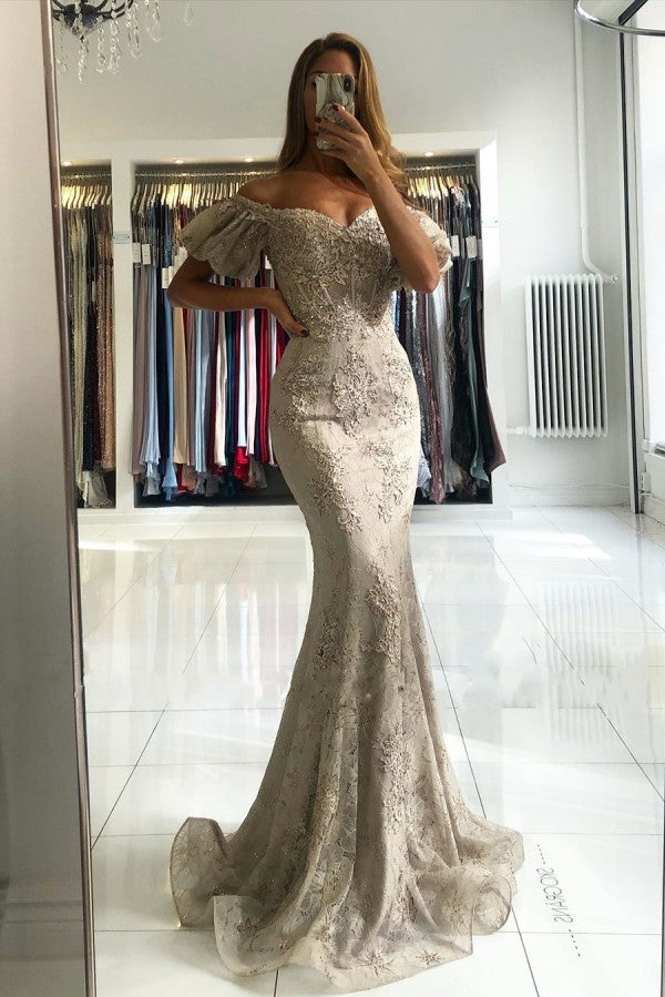 Long Mermaid Off the Shoulder Lace Prom Dress with Puffy Sleeves
