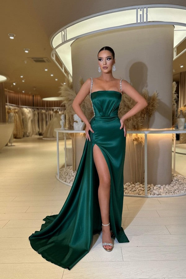 Long Mermaid Spaghetti Straps Satin Formal Prom Dresses with Slit